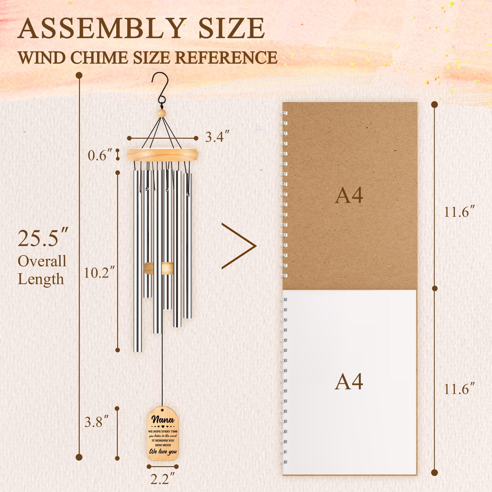 Milcier Nana pine wood wind chime features six aluminum tubes