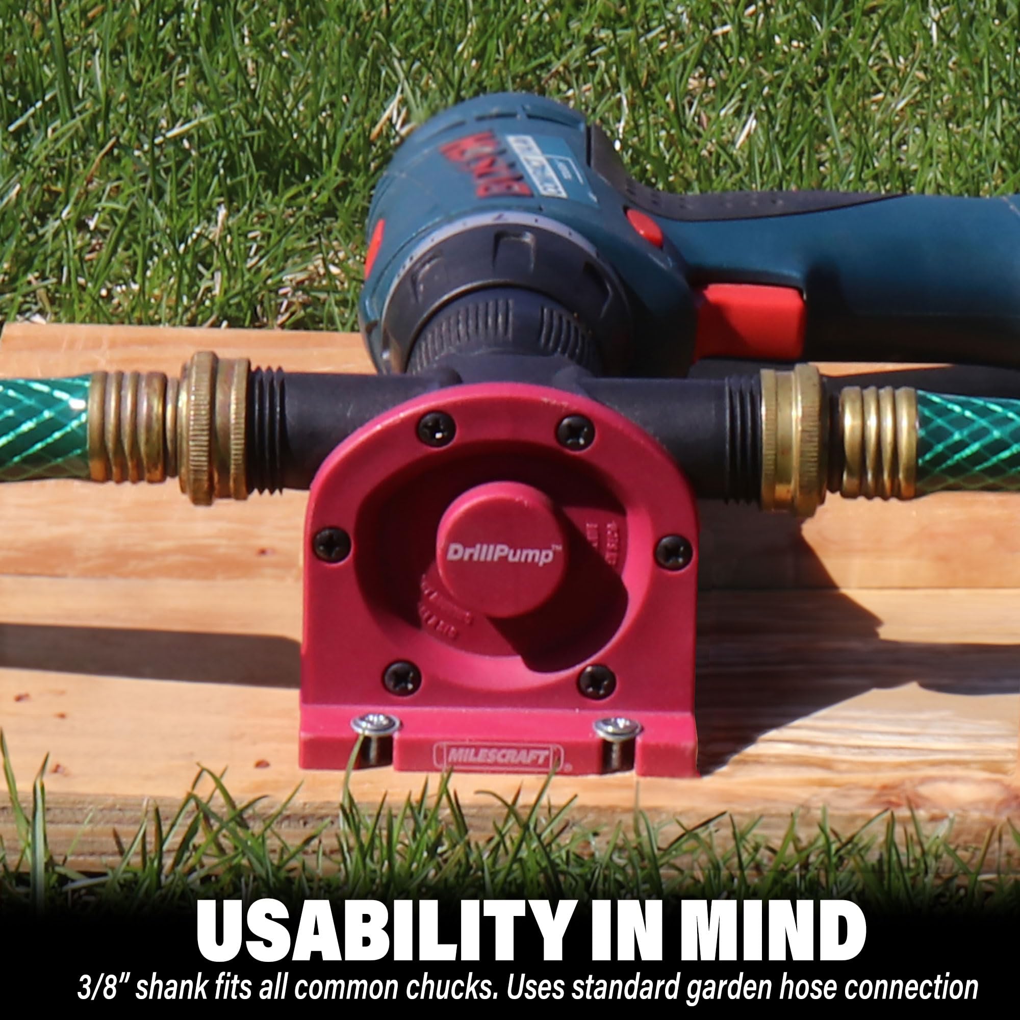 Milescraft DrillPump750 shows 3/4 inch hose connection for standard garden hose
