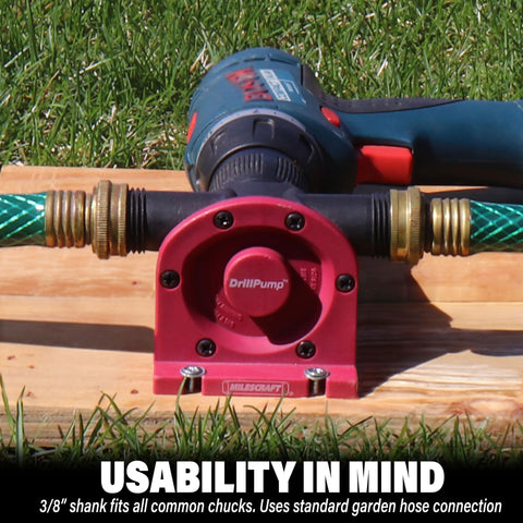 Milescraft DrillPump750 shows 3/4 inch hose connection for standard garden hose