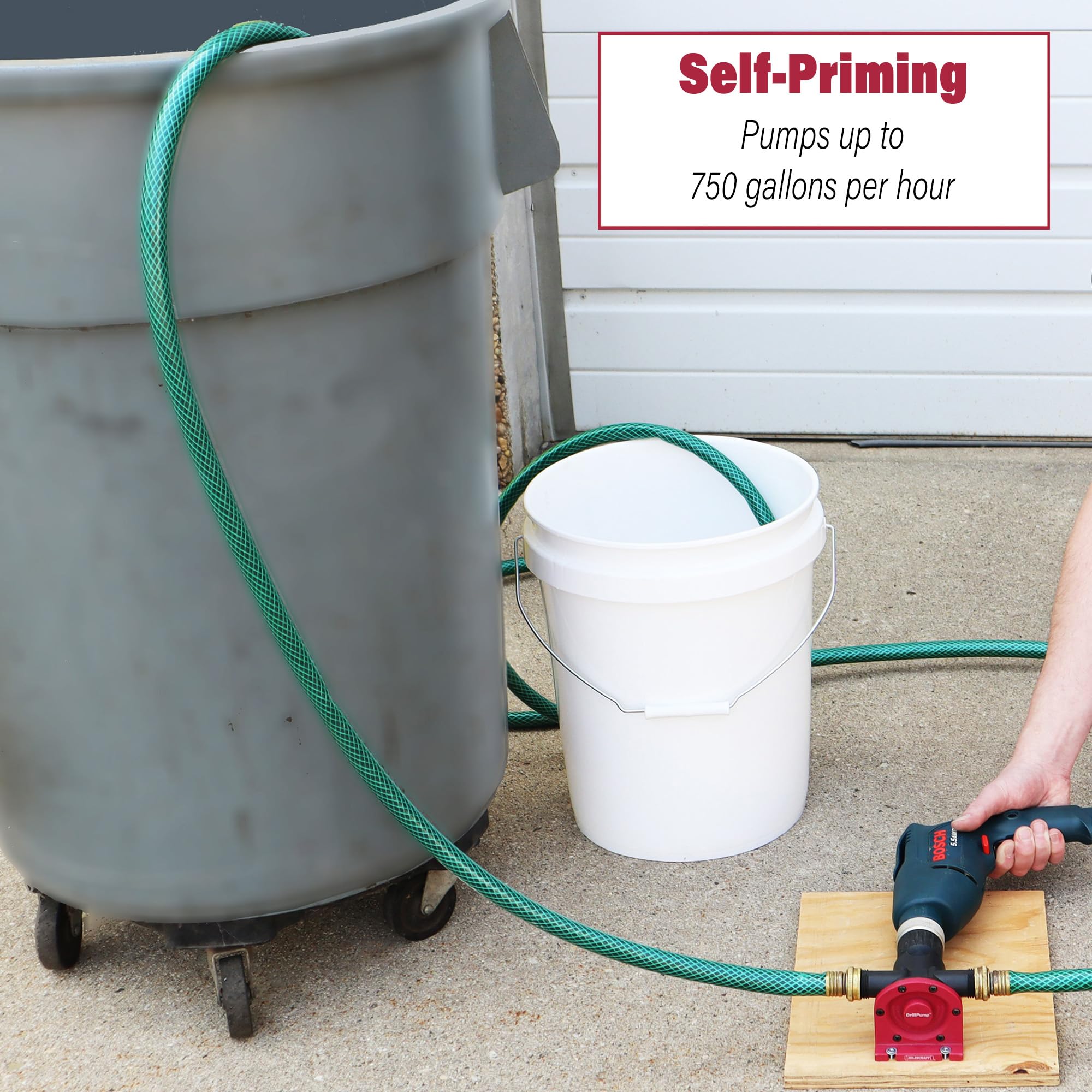 Milescraft DrillPump750 self-priming feature ready to pump water