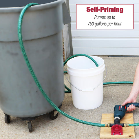 Milescraft DrillPump750 self-priming feature ready to pump water