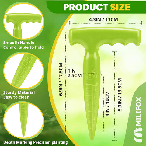 Milifox measuring-scale dibber helps plant at the correct depth.