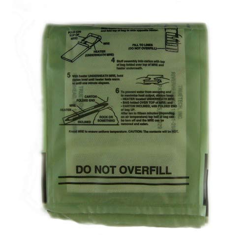Military Surplus FRH heater MRE pack side highlights lightweight, stowable heat source for field rations.