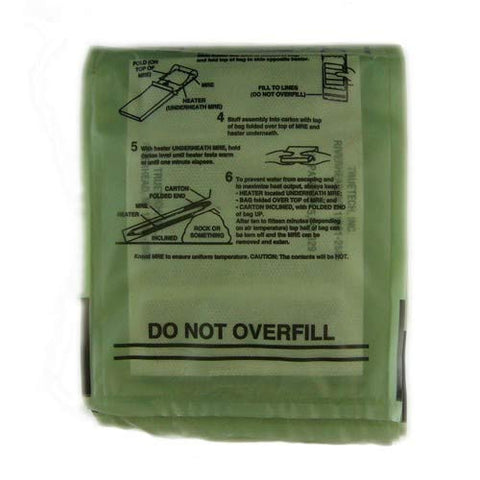 Military Surplus FRH heater MRE pack side highlights lightweight, stowable heat source for field rations.