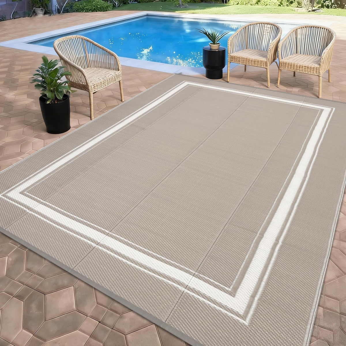 MilleLoom waterproof outdoor rug 9x12 on a patio protects surfaces from spills