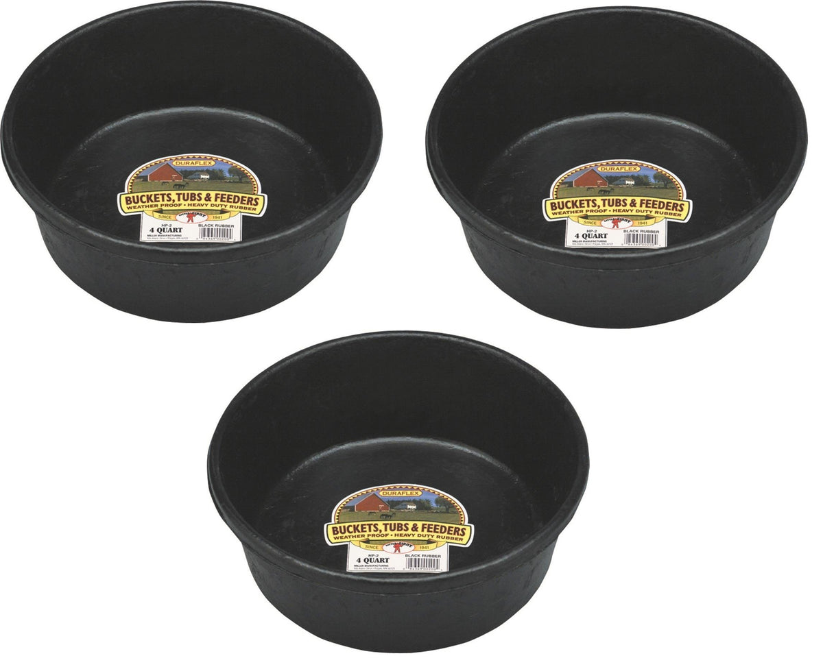Miller HP-2 rubber feed pan for livestock, durable and weather-ready for outdoor use.
