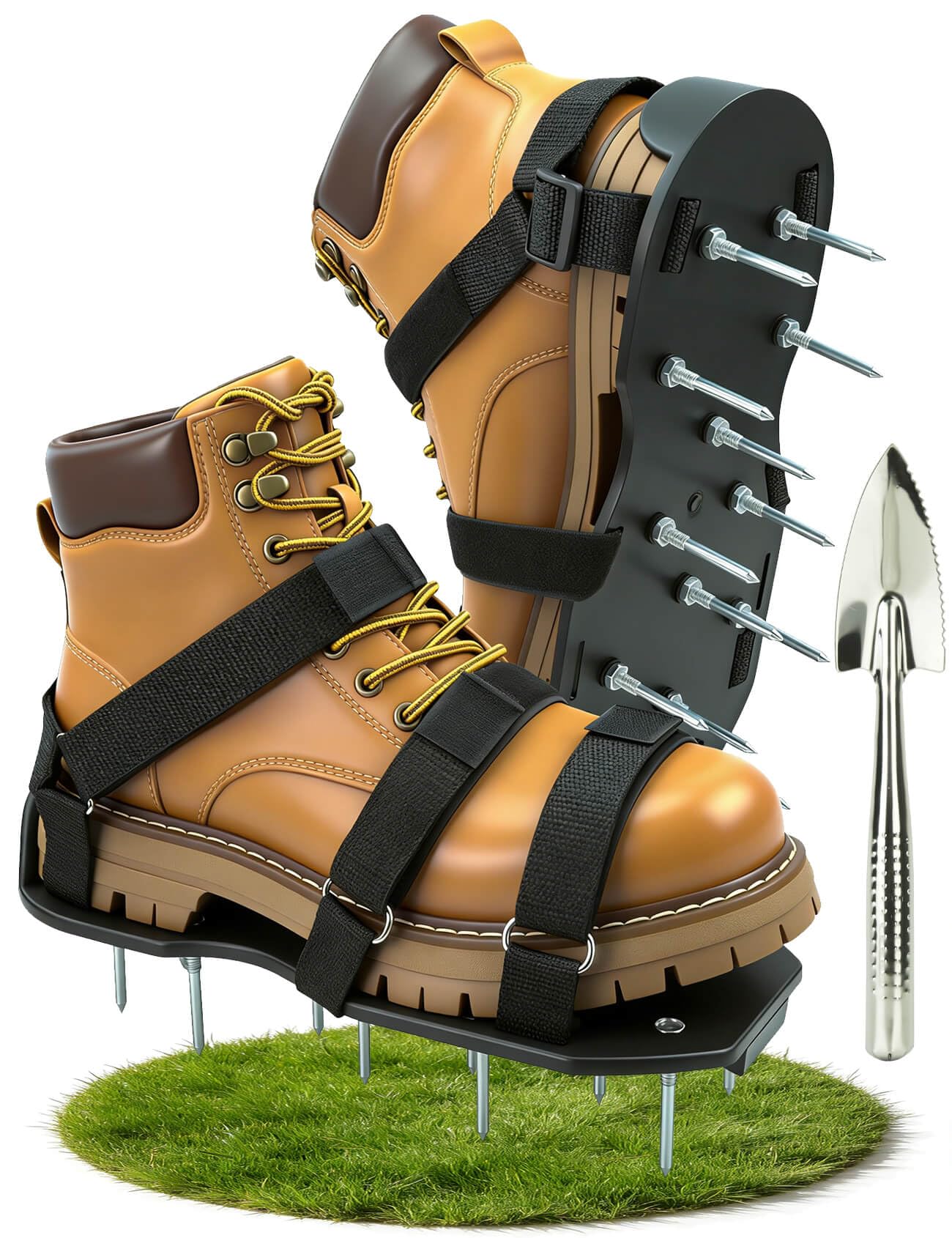MILLUXXi lawn aerator shoes with dual straps provide a secure fit for uninterrupted lawn aeration.