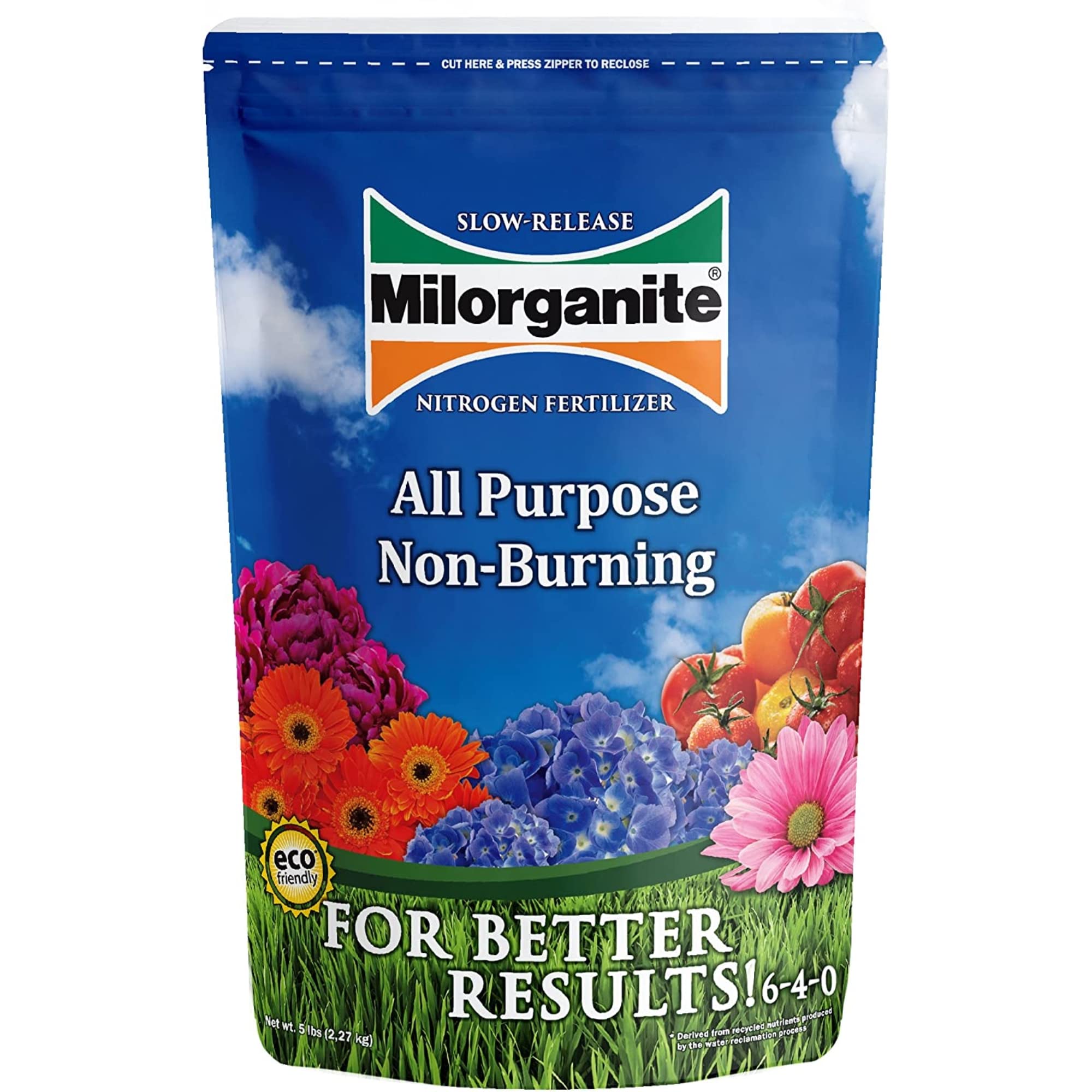 Milorganite bag on lawn promoting even growth and color
