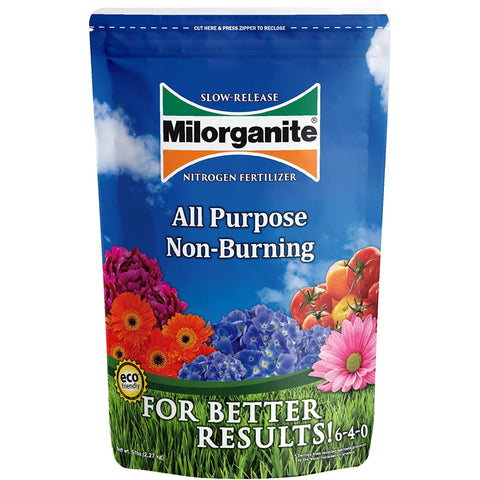 Milorganite bag on lawn promoting even growth and color