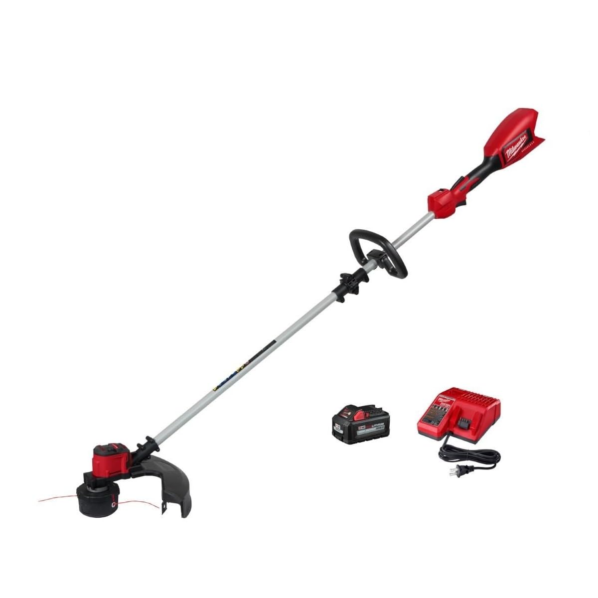 Milwaukee M18 brushless string trimmer kit with battery and charger for efficient yard maintenance.