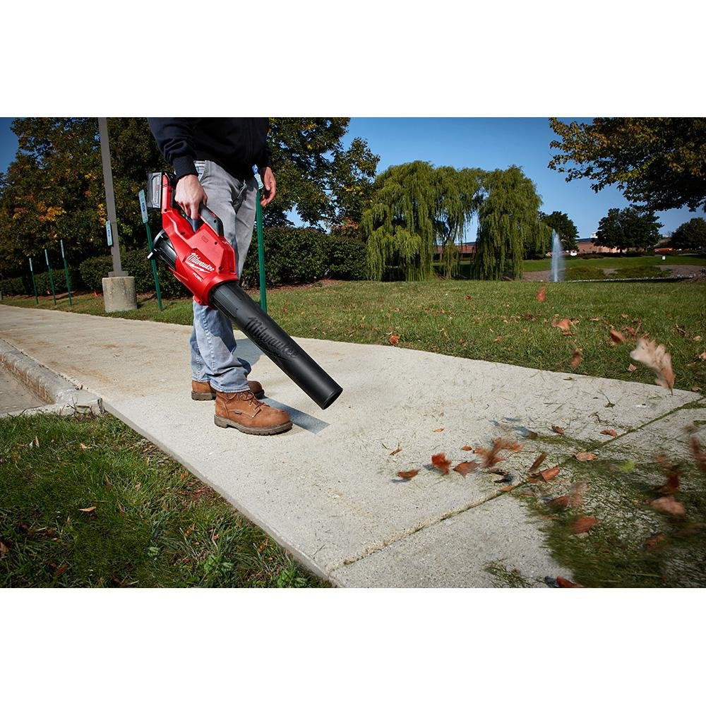 Milwaukee M18 FUEL blower delivers 450 CFM airflow for thorough surface clearing.