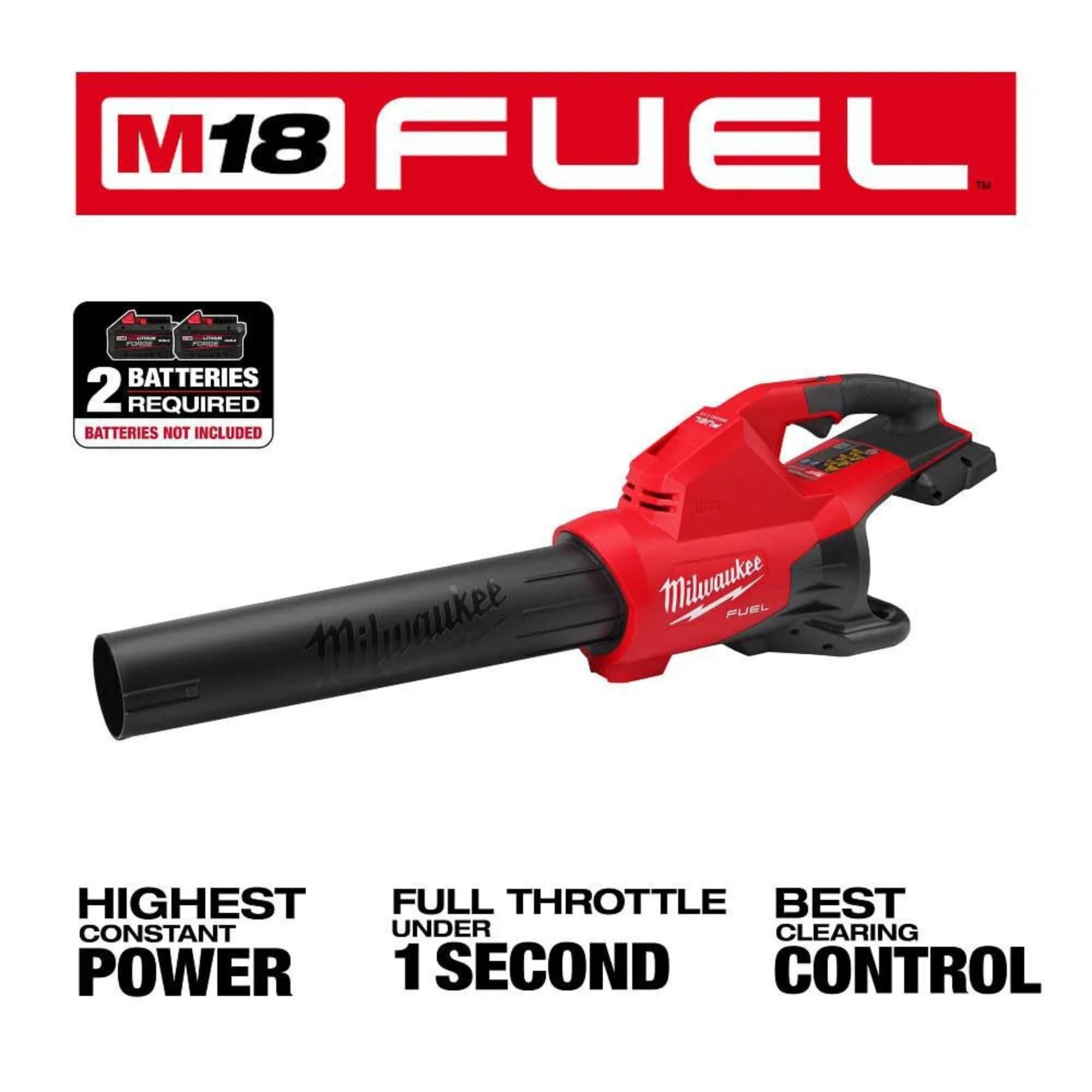 Milwaukee M18 Fuel Dual Battery Blower in action, powerful airflow for fast debris clearing.