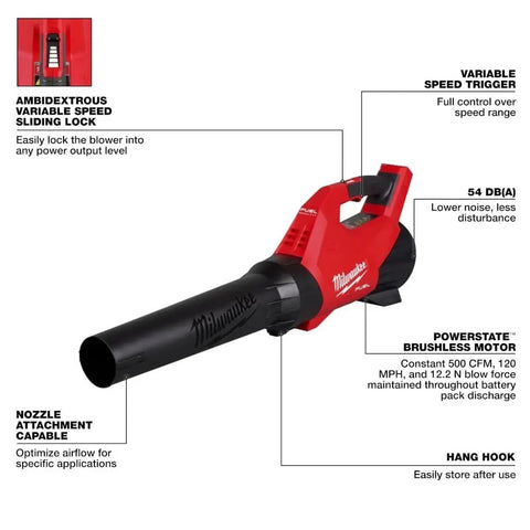 Milwaukee M18 FUEL TRADE Blower side view highlights ergonomic cordless cleanup.
