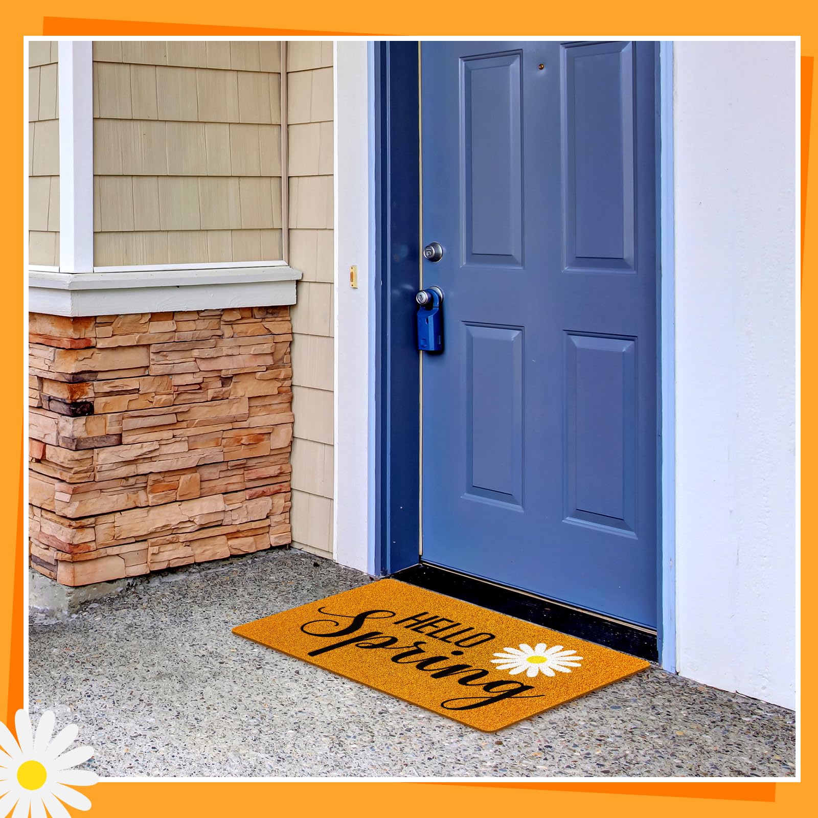 Mindsoft floral welcome mat at entrance adding seasonal charm to entryway.