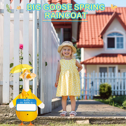 Mindsoft goose statue wears coat and umbrella for a whimsical yard focal point