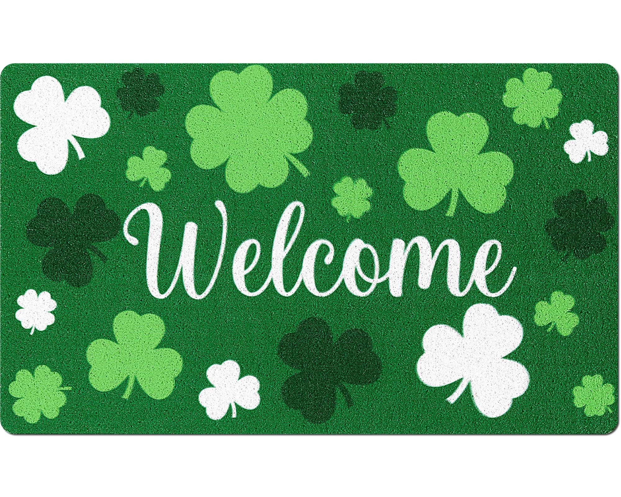 Mindsoft green shamrock welcome doormat, 18x30, adds festive curb appeal with non-slip safety.