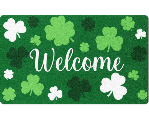 Mindsoft green shamrock welcome doormat, 18x30, adds festive curb appeal with non-slip safety.