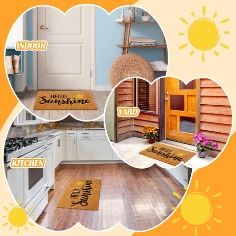 Mindsoft Hello Sunshine doormat placed in entryway adding warm welcome.