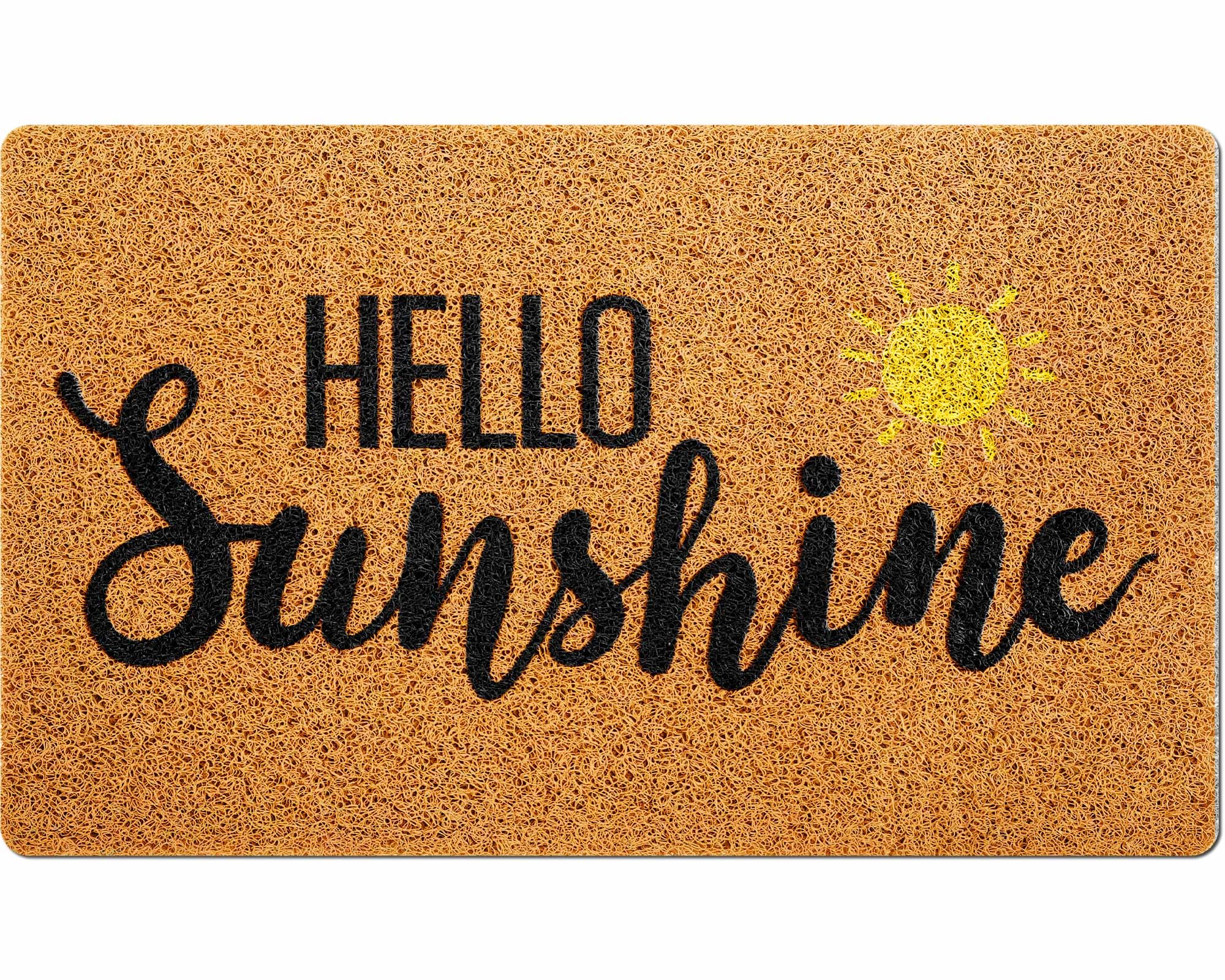 Mindsoft Hello Sunshine doormat at the front door with vibrant orange welcome text, great for outdoor entry.
