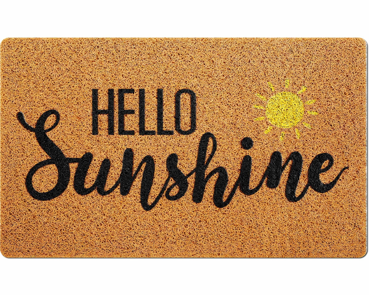 Mindsoft Hello Sunshine doormat at the front door with vibrant orange welcome text, great for outdoor entry.