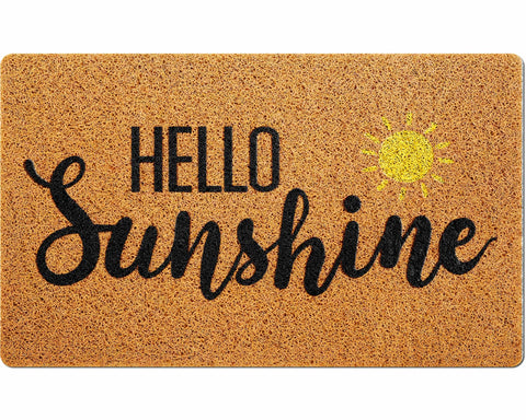 Mindsoft Hello Sunshine doormat at the front door with vibrant orange welcome text, great for outdoor entry.