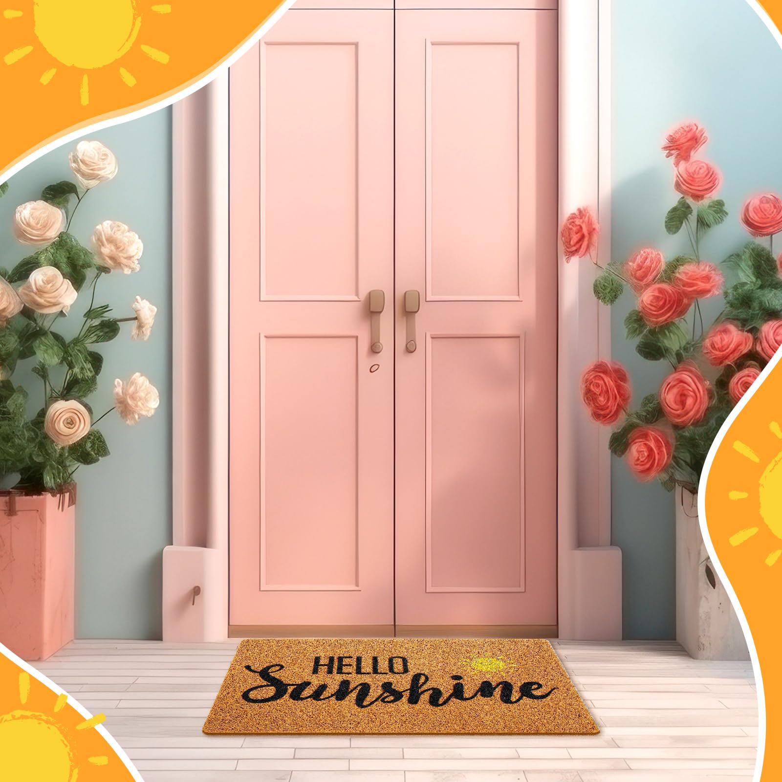Mindsoft Hello Sunshine doormat outdoors with sun motif enhancing curb appeal.