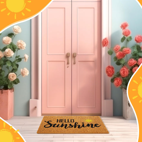 Mindsoft Hello Sunshine doormat outdoors with sun motif enhancing curb appeal.