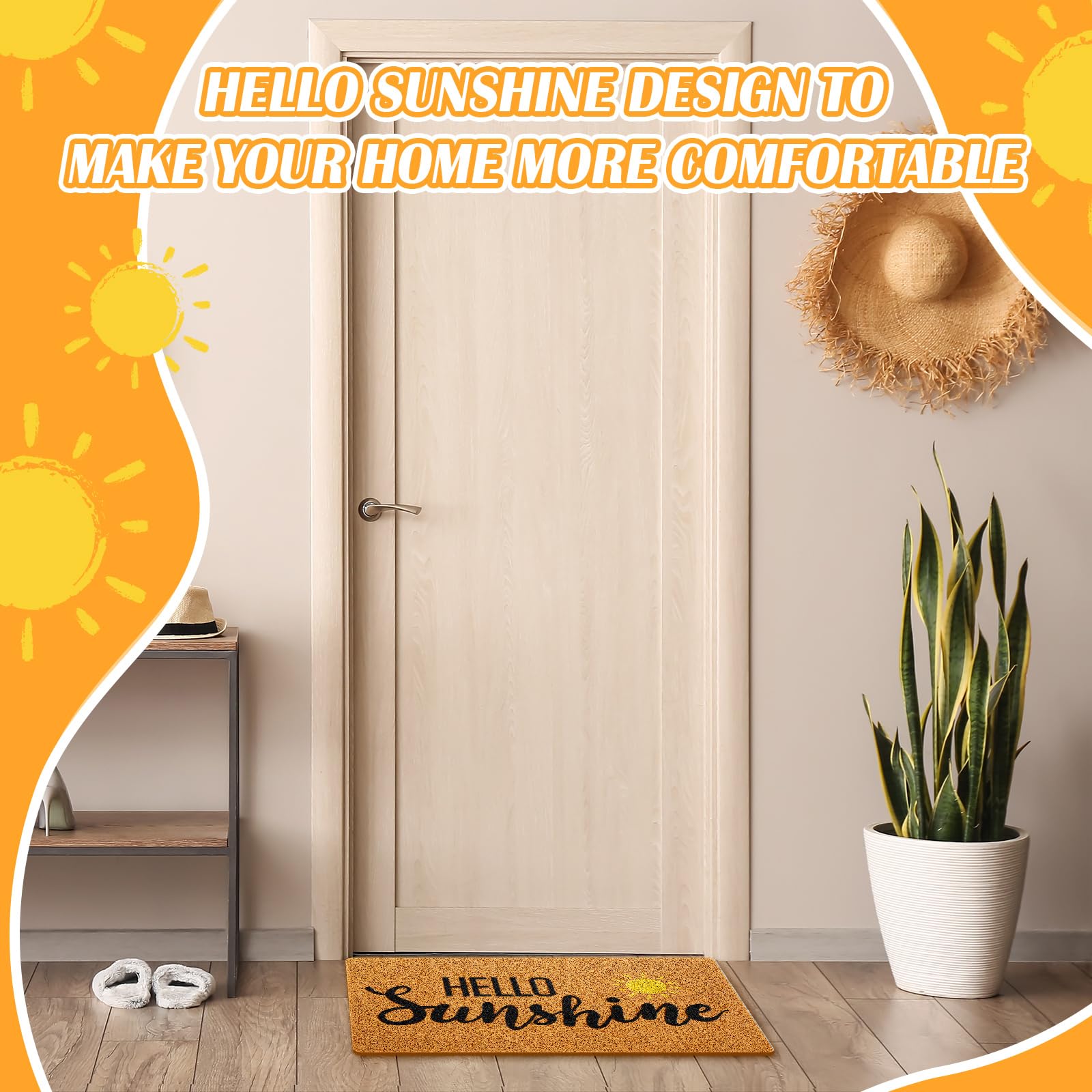Mindsoft Hello Sunshine doormat size 18x30 inches fits most doorways.