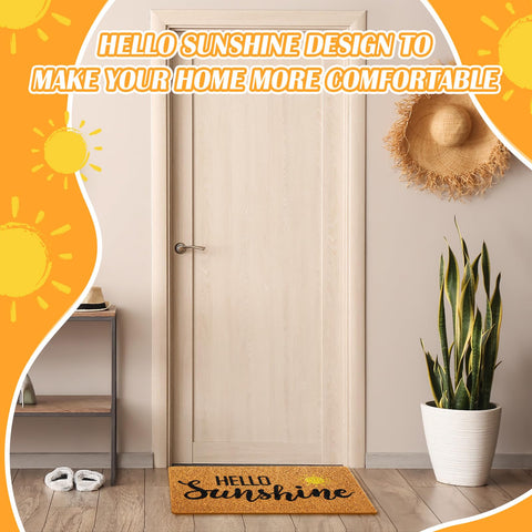 Mindsoft Hello Sunshine doormat size 18x30 inches fits most doorways.