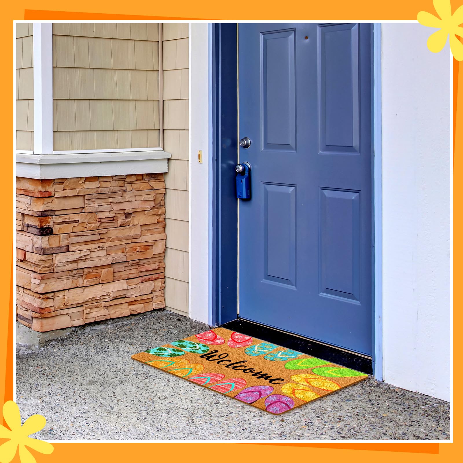 Mindsoft 18x30 front-door mat features a vibrant beach-style design for festive entry