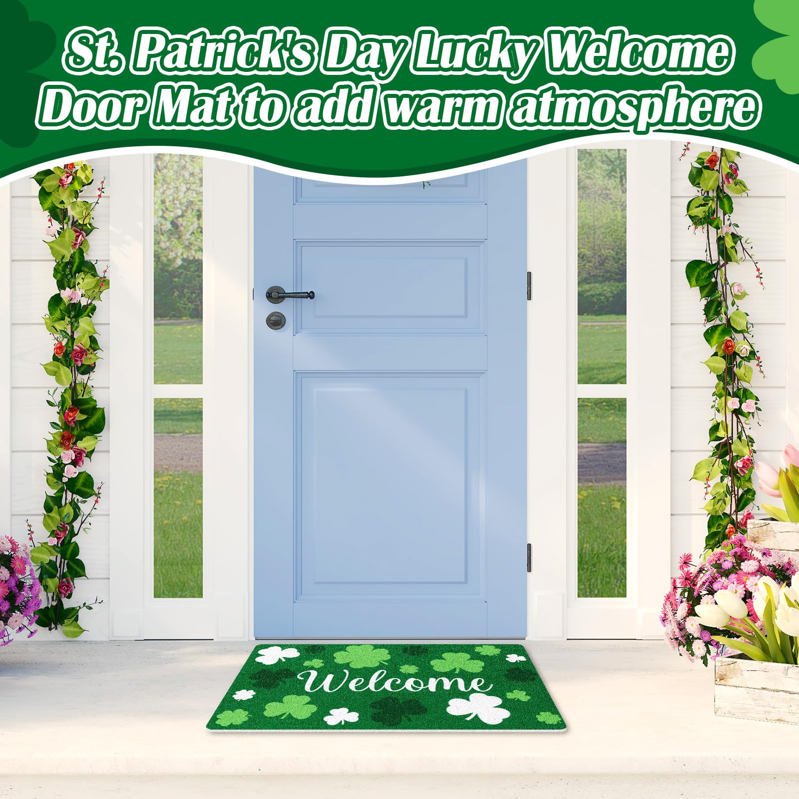 Mindsoft outdoor indoor rug with festive shamrocks enhances curb appeal.