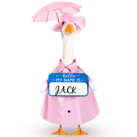 Mindsoft pink raincoat goose outfit with umbrella enhances outdoor lawn display.