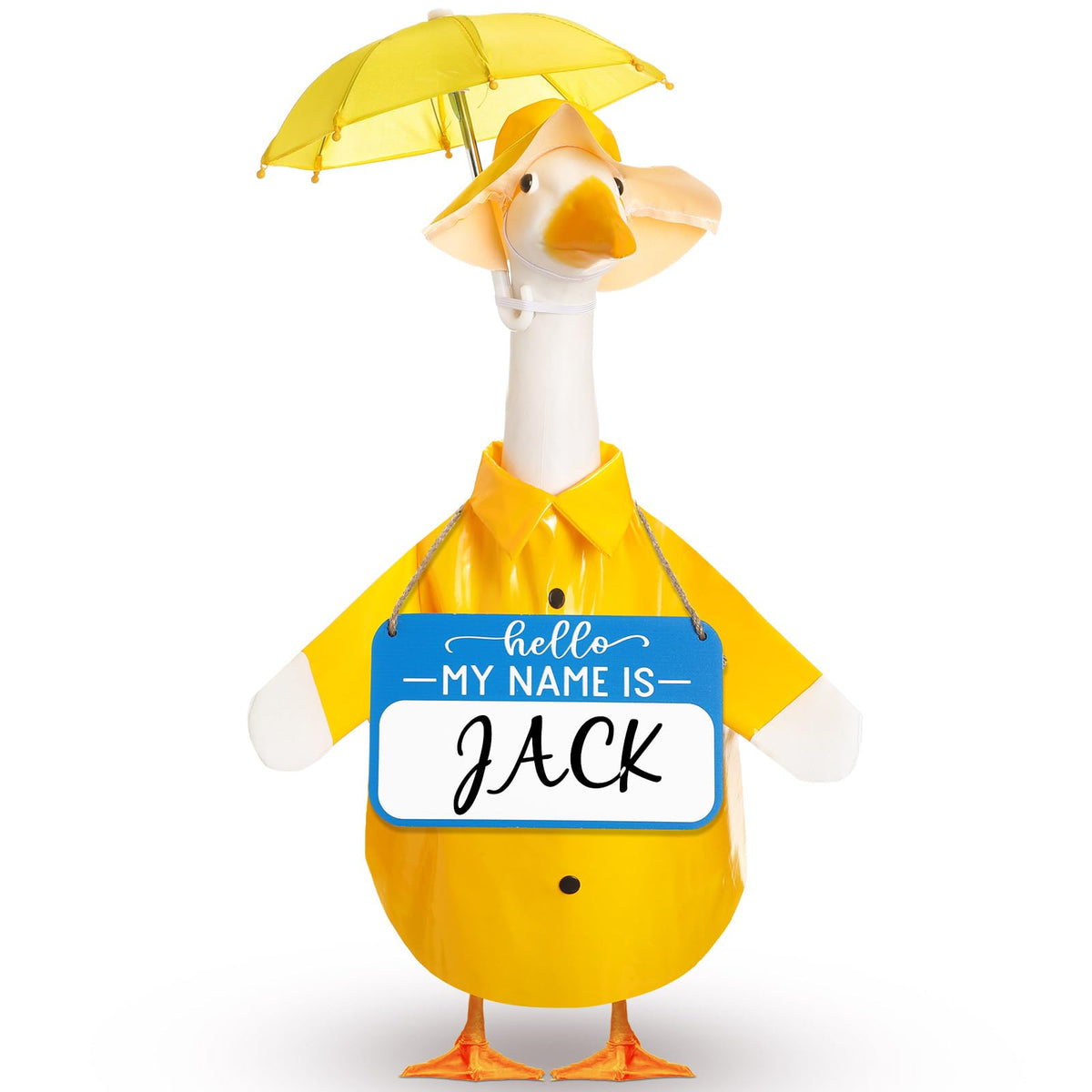Mindsoft raincoat goose outfit in yellow on a 23-inch goose statue for spring charm