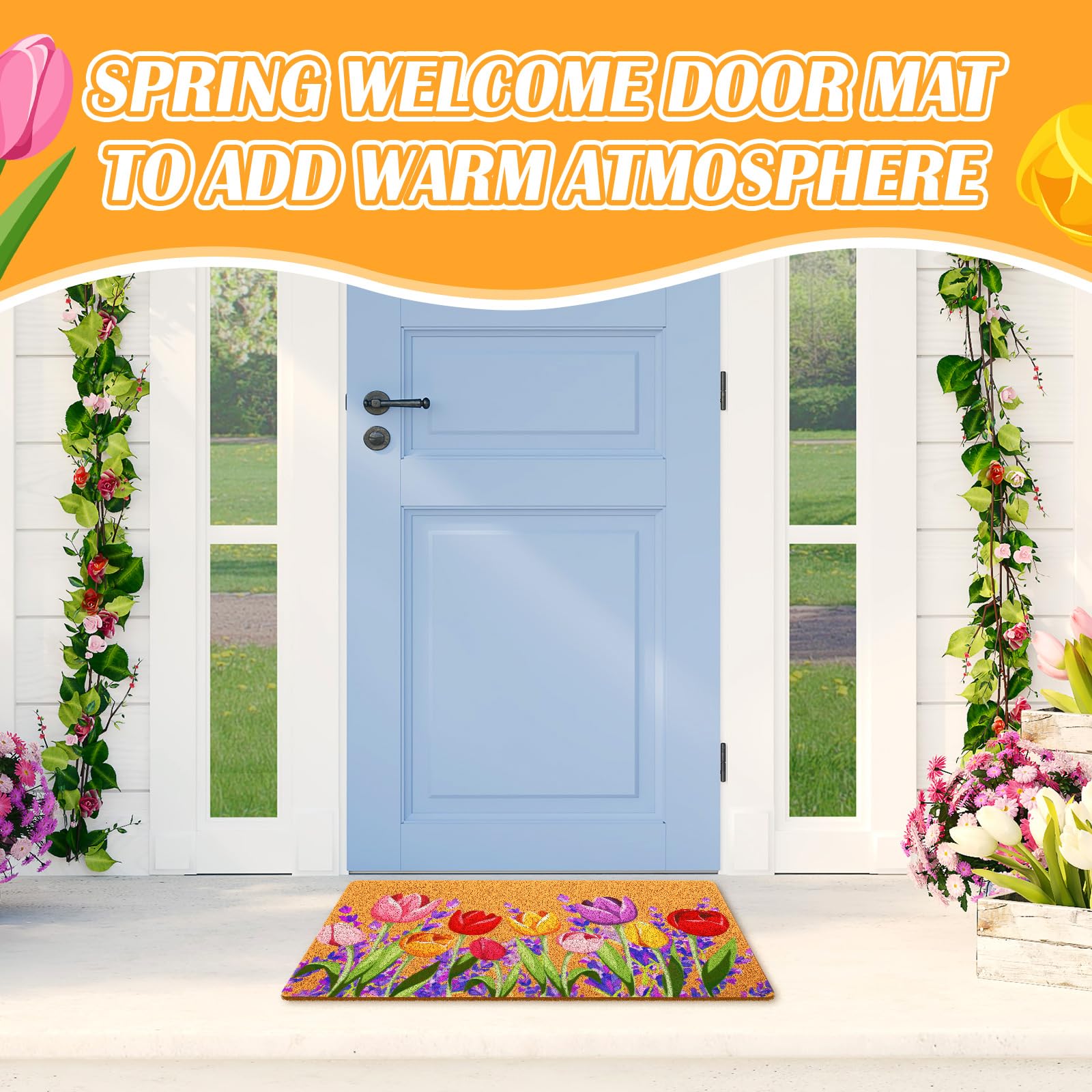 Mindsoft tulip lavender pattern decorates entry while seasonal feel remains fresh.