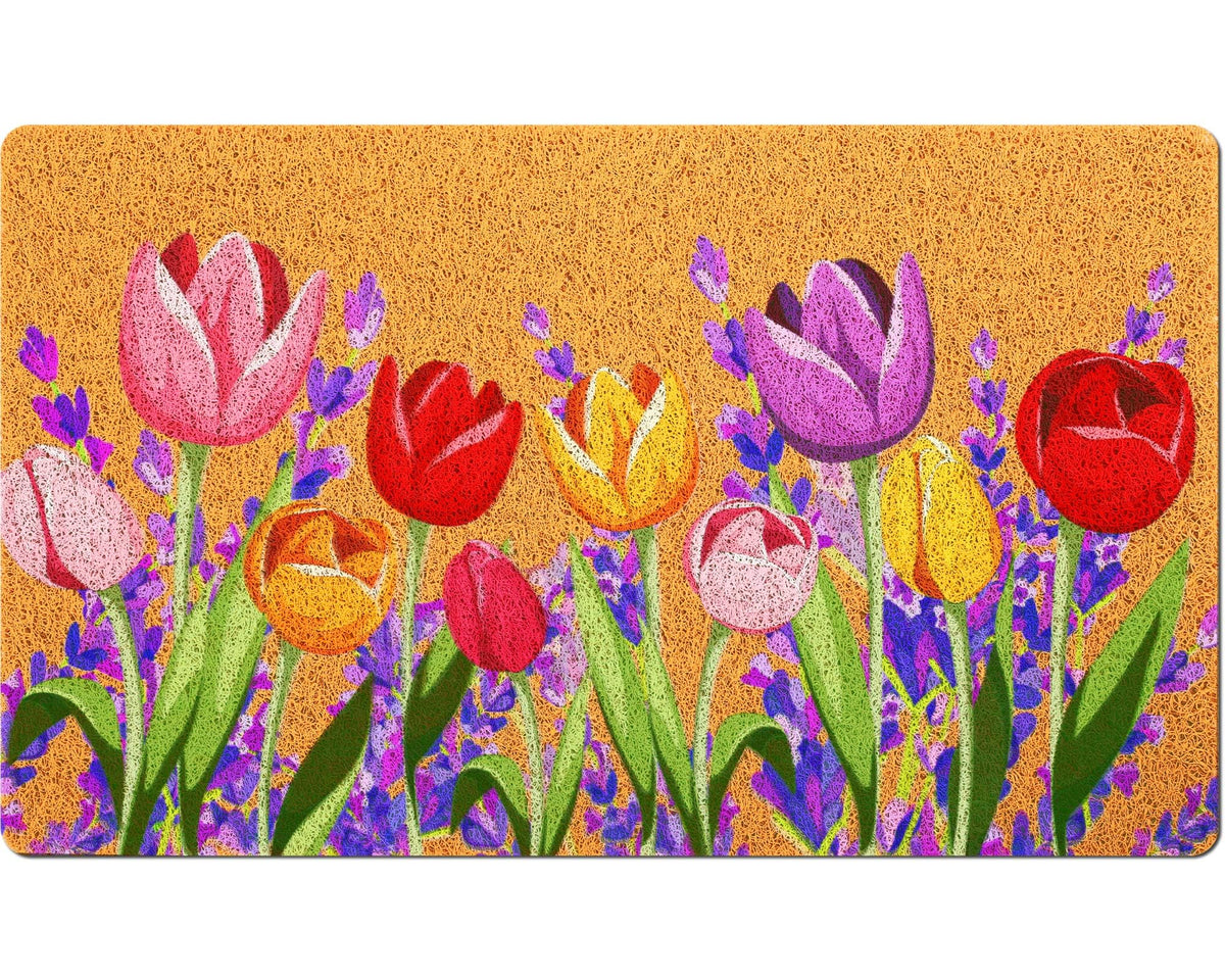 Mindsoft spring floral doormat tulip and lavender front view boosts curb appeal and welcomes guests.
