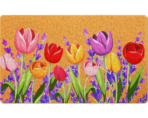 Mindsoft spring floral doormat tulip and lavender front view boosts curb appeal and welcomes guests.