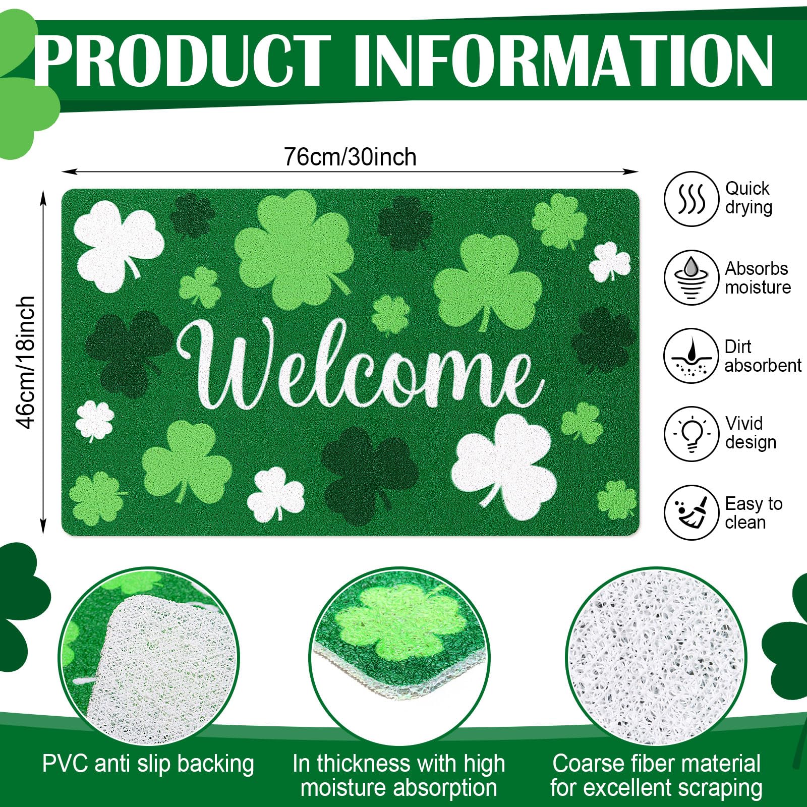 Mindsoft St Patrick's Day door mat with shamrocks for indoor and outdoor use.