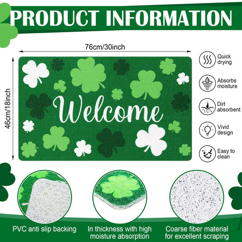 Mindsoft St Patrick's Day door mat with shamrocks for indoor and outdoor use.