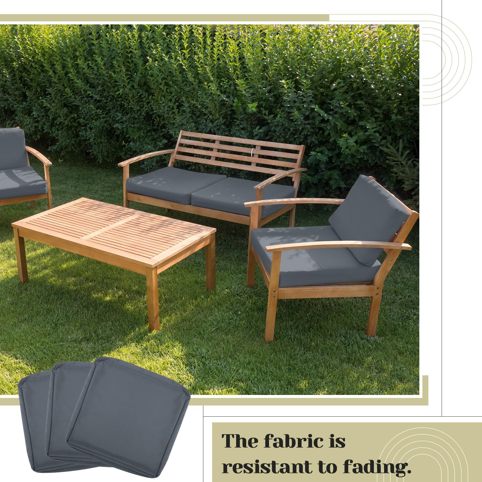 Mindsoft waterproof and UV-resistant fabric protects cushions from sun and rain.