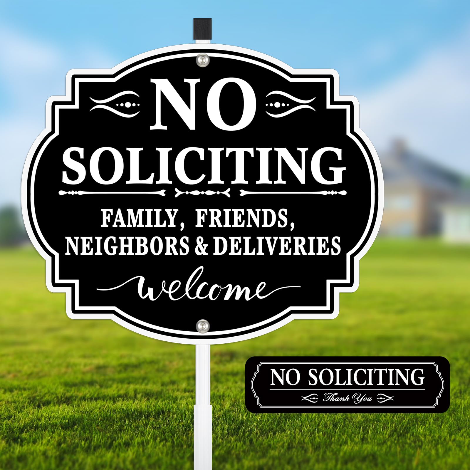 MINGHONG no-soliciting sign on house with 28-inch stake for outdoor privacy.