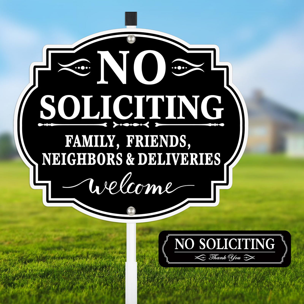 MINGHONG no-soliciting sign on house with 28-inch stake for outdoor privacy.