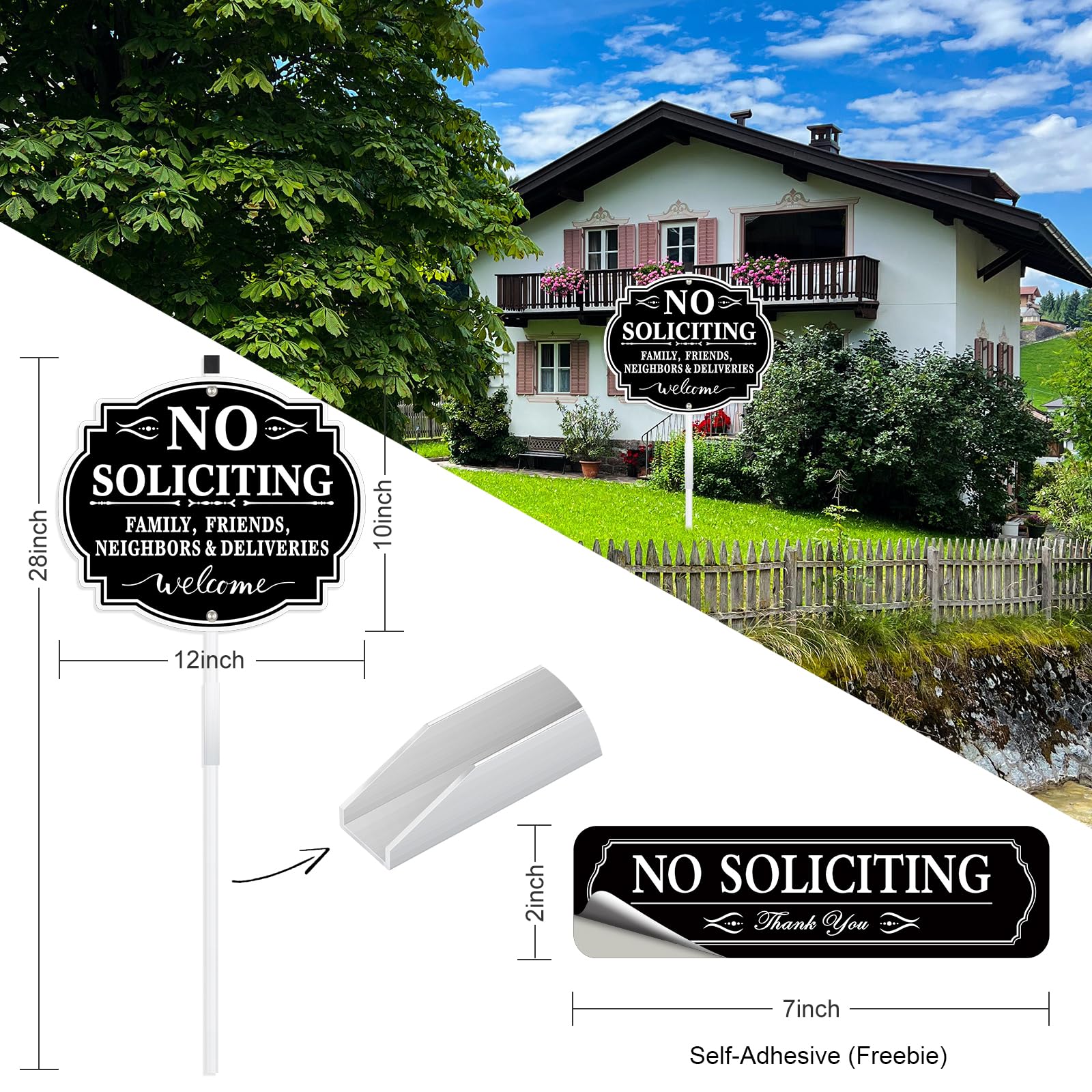 MINGHONG aluminum no-soliciting sign with included stake for lawn mounting.