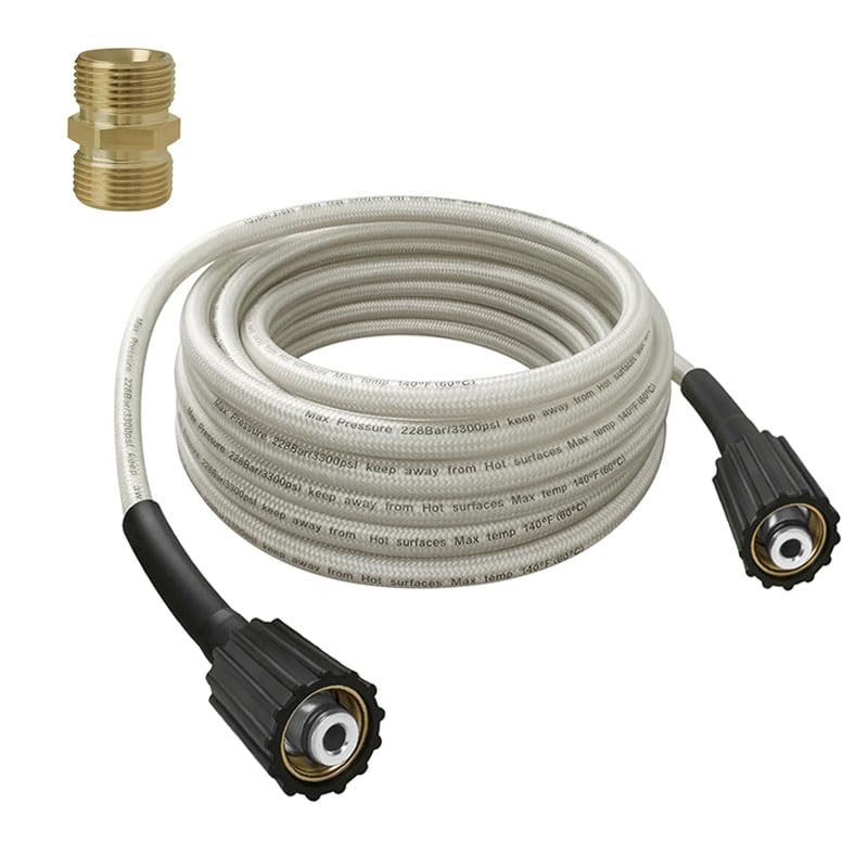 MINGOU 32-foot high-pressure hose extends reach for patio cleaning.