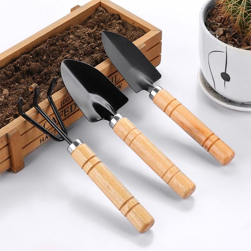 Mini Gardening Tool Set with ergonomic wooden handles for comfortable indoor gardening.