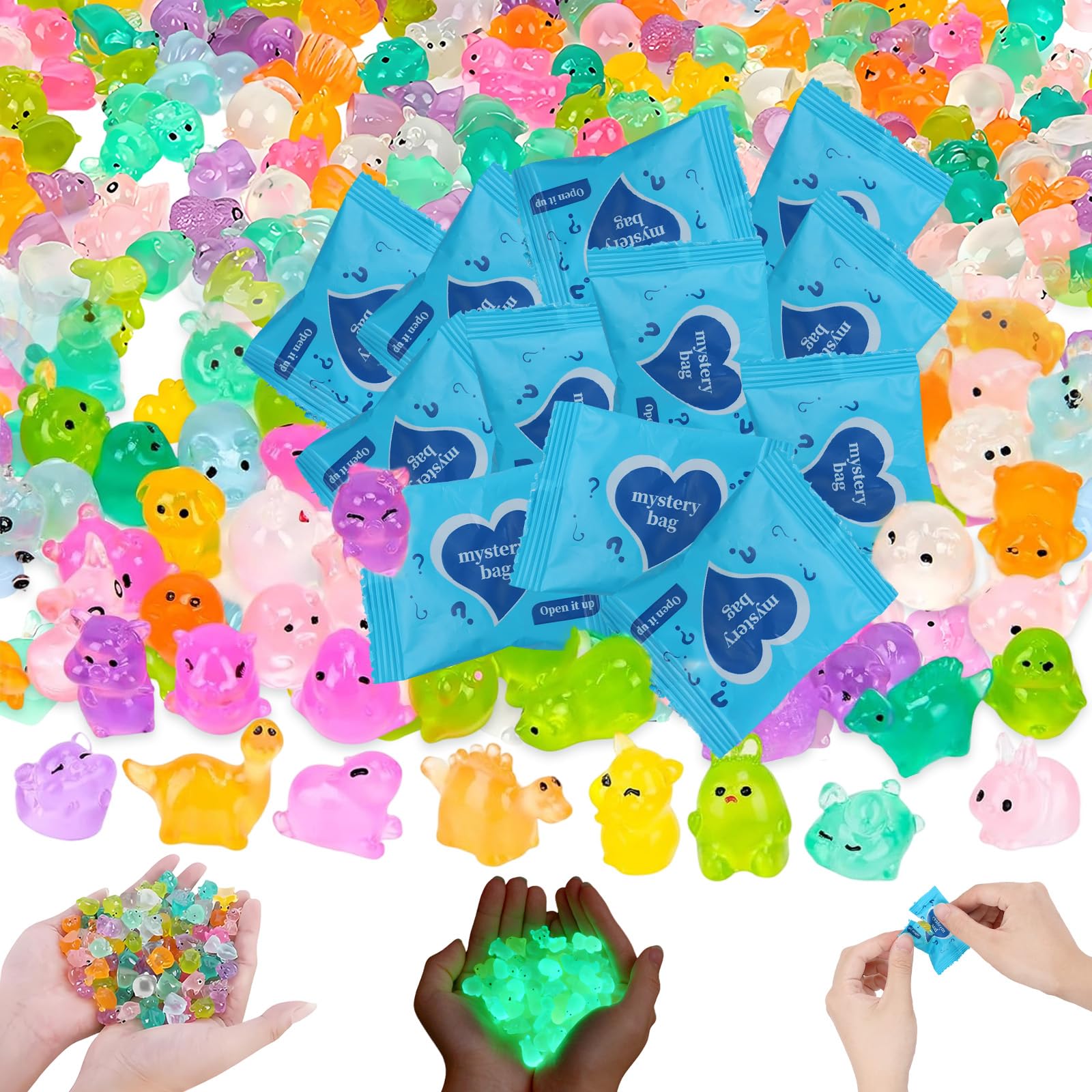 Mini glow-in-the-dark animal resin models for whimsical night display.