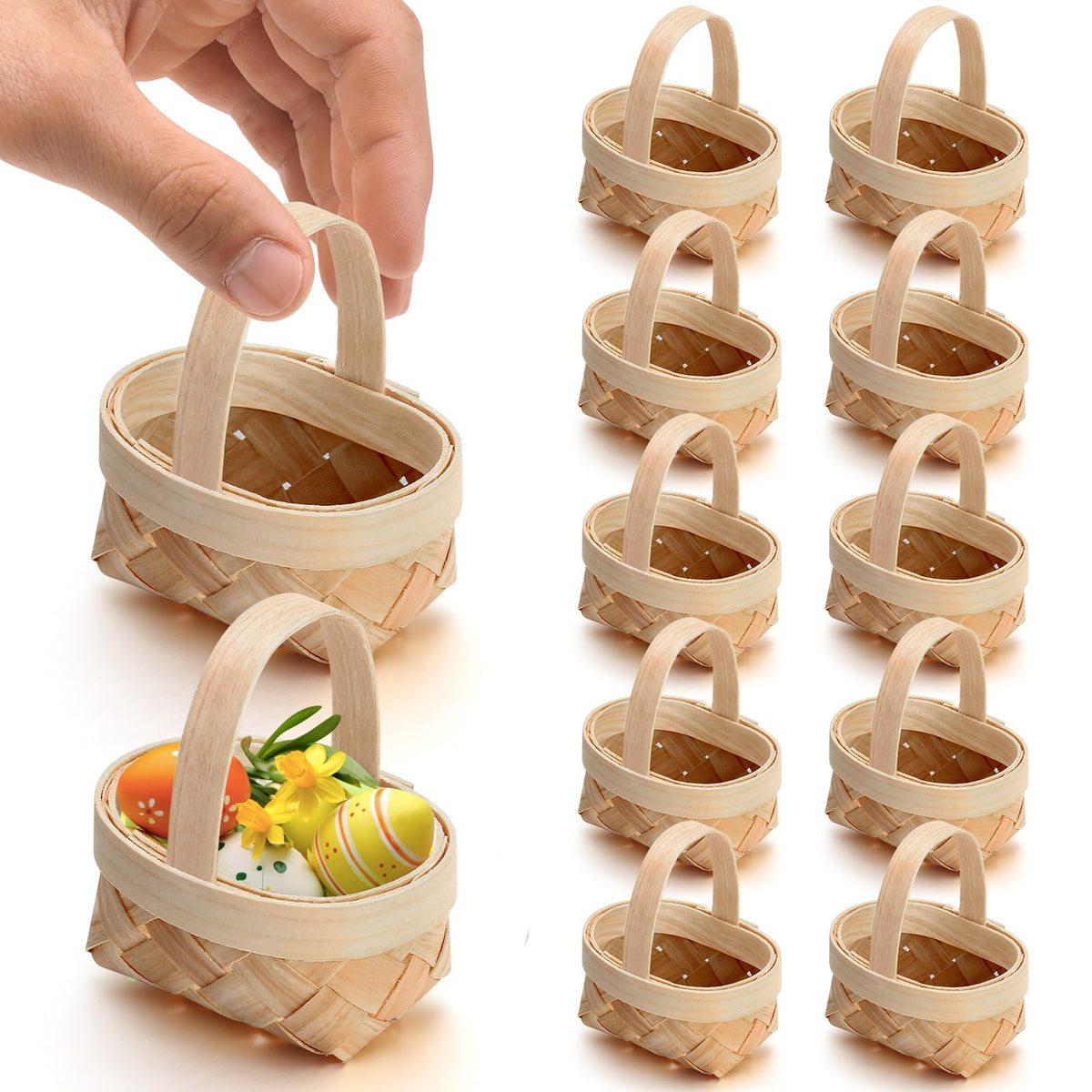 Mini picnic basket with handle shown as wedding favor, enhances rustic charm