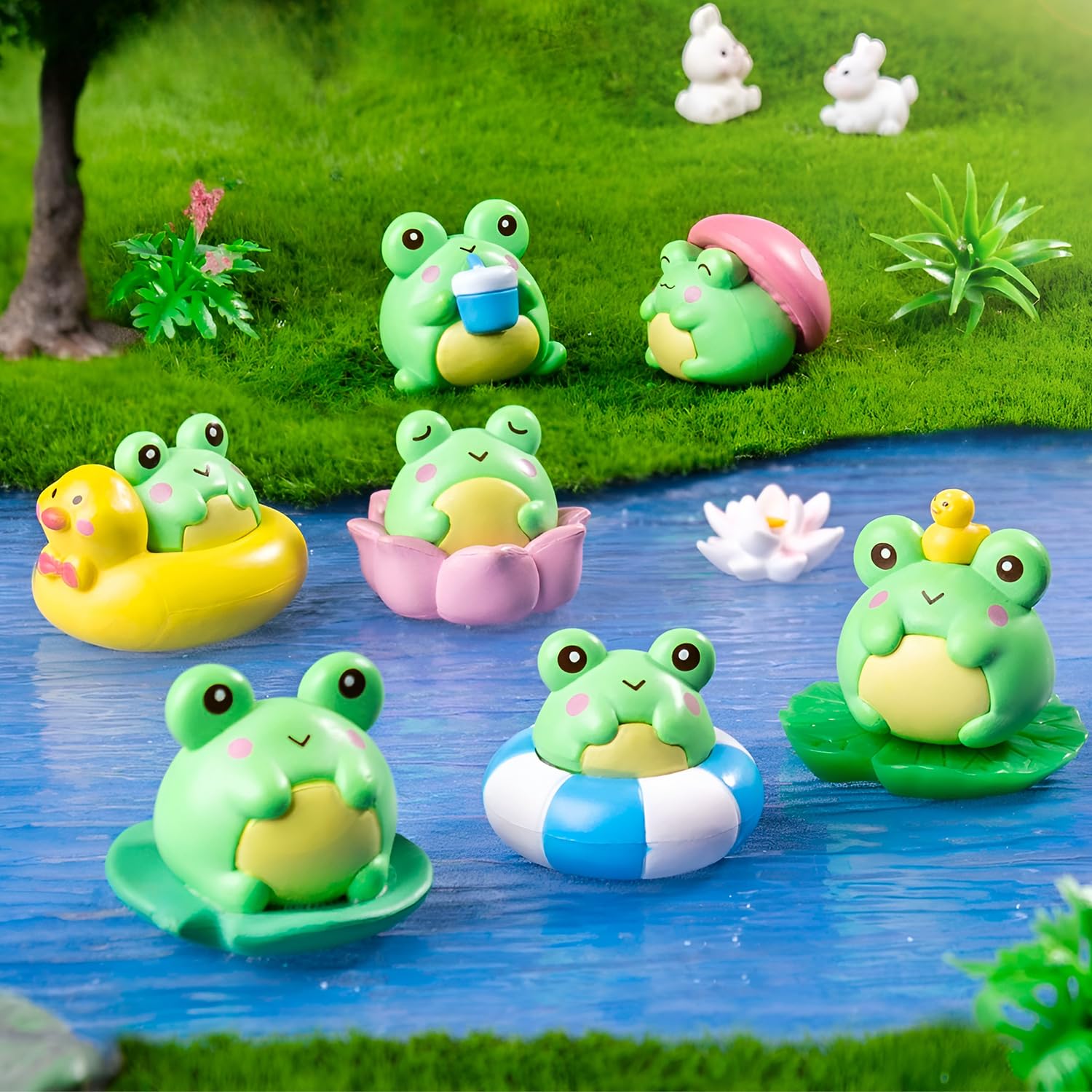 Mini resin frog figurines featuring duckling details for charming tabletop accents.