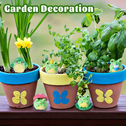 Mini resin frog figurines for flower pot decor and indoor accents.