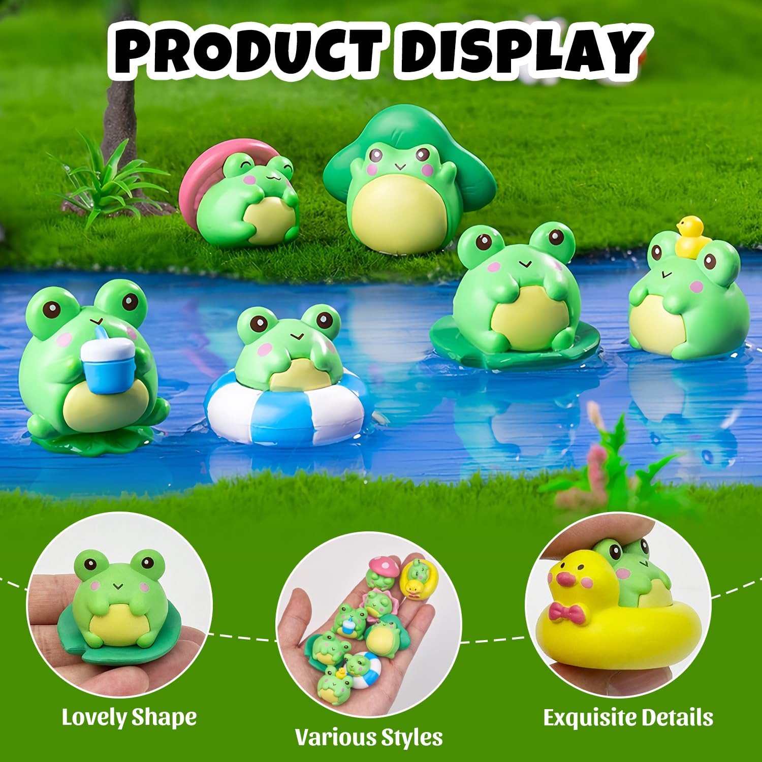 Mini resin frog figurines with lotus flower motif for serene garden scenes.