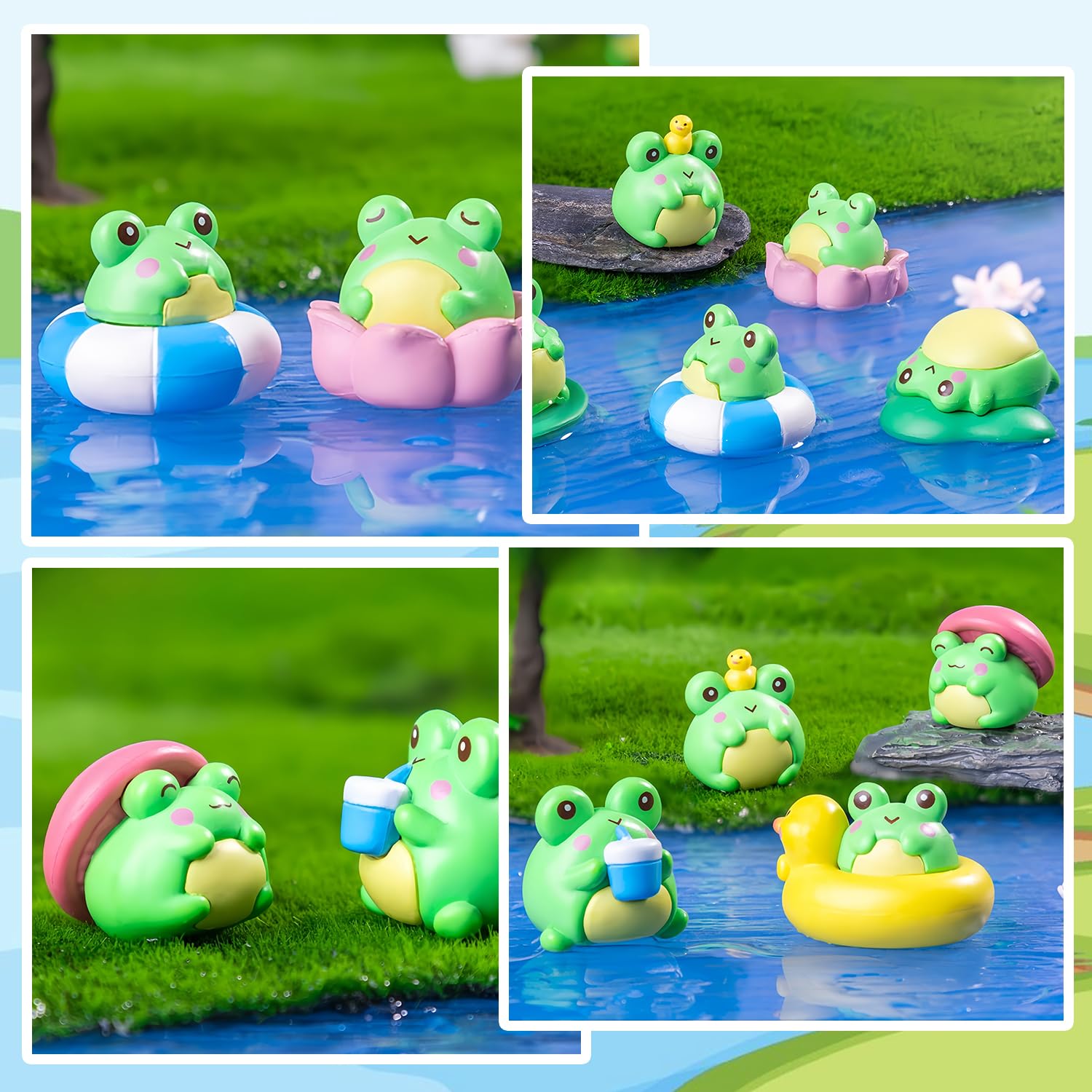 Mini resin frog figurines with lotus leaf design for lush micro landscapes.